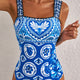 Blauw Tile Patroon Ricrac Einteiliger Badeanzug mit breiten Trägern