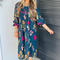 Blue Floral Print Gathered Neckline 7/8 Sleeve Casual Midi Dress - Damesmode Afbeelding 6 - Foto 6