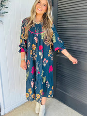 Blue Floral Print Gathered Neckline 7/8 Sleeve Casual Midi Dress - Damesmode Afbeelding 6 - Miniatuur