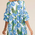 Himmelblaues Palm-Blumenmuster-Kontrast-Band-Knoten-Rüschen-Mini-Kleid mit gestuften Ärmeln - Foto 2