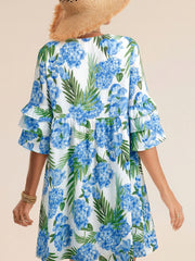 Sky Blue Palm Floral Print Contrast Ribbon Knot Ruffle Tiered Sleeve Mini Dress - Miniatuur