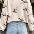 Beige Twisted Ribbed Duck Print Crewneck Casual Pullover Top - Damesmode Afbeelding 2 - Foto 2
