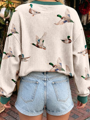 Beige Twisted Ribbed Duck Print Crewneck Casual Pullover Top - Damesmode Afbeelding 2 - Miniatuur