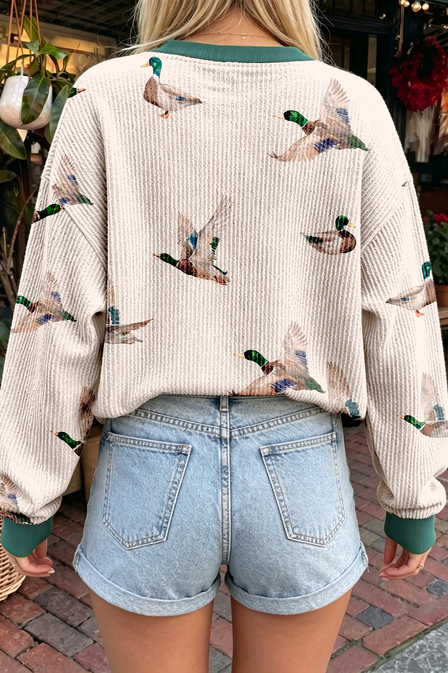 Beige Twisted Ribbed Duck Print Crewneck Casual Pullover Top - Women's Fashion Image 2