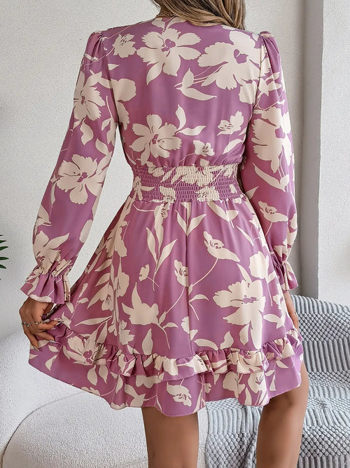 Tied Ruffled Printed Long Sleeve Dress - Detail