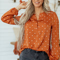 Brown Polka Dot Half Button V Neck Long Sleeve Blouse - Damesmode Afbeelding 6 - Foto 6
