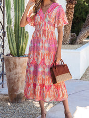 Multicolour Paisley Print V-Neck Short Sleeve Boho Maxi Dress with Ruffle Details - Miniatuur