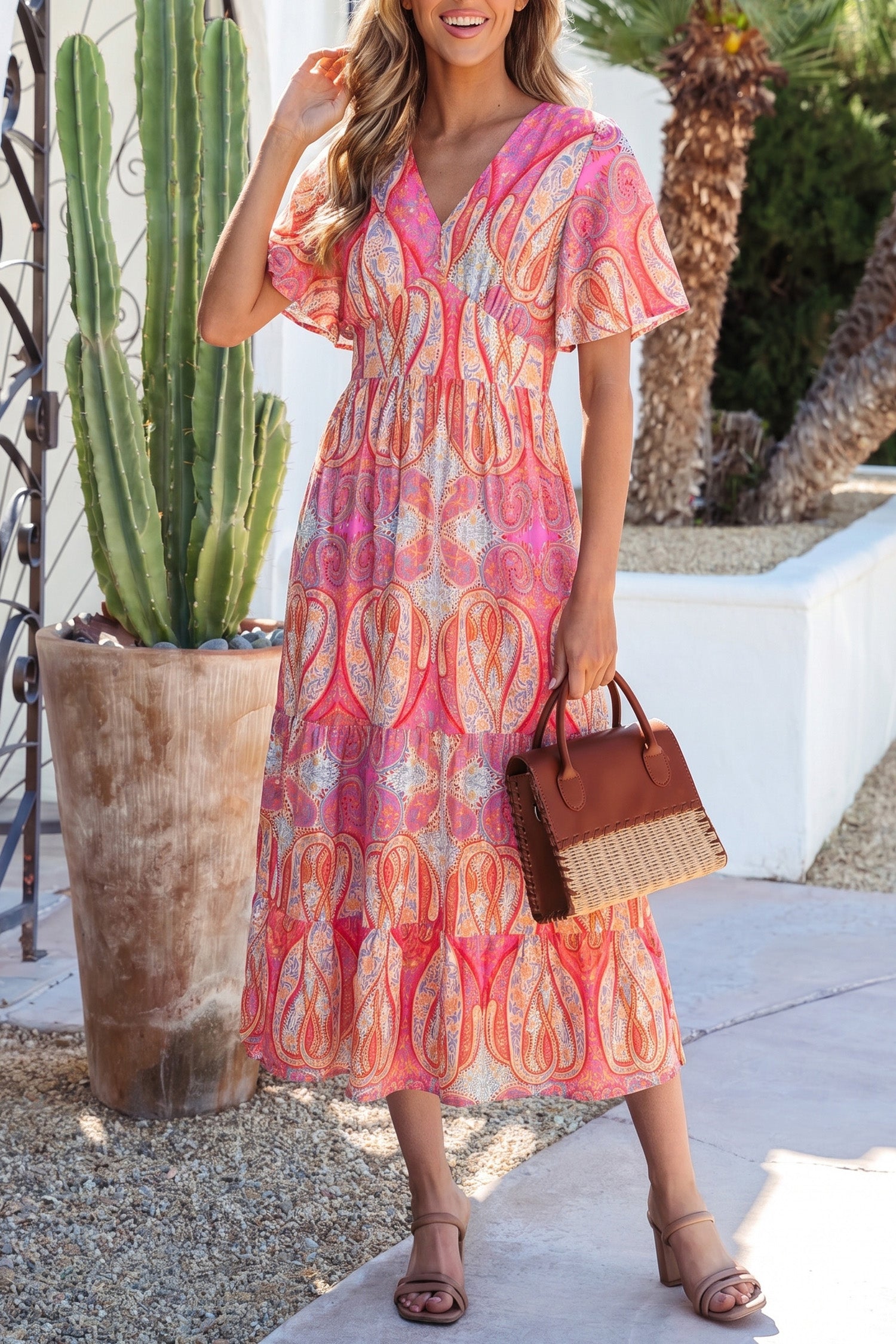 Robe bohème Maxi à manches courtes, imprimé cachemire multicolore, avec des détails à volants