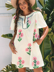 Rosé-Blumen-Kurzärmel-Split-Neck-Locker-Mini-Kleid - Miniatuur