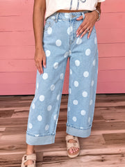 Himmelblaue Polka-Punkte, knöchellange Metall-Knopf-Casual-Jeans - Miniatuur