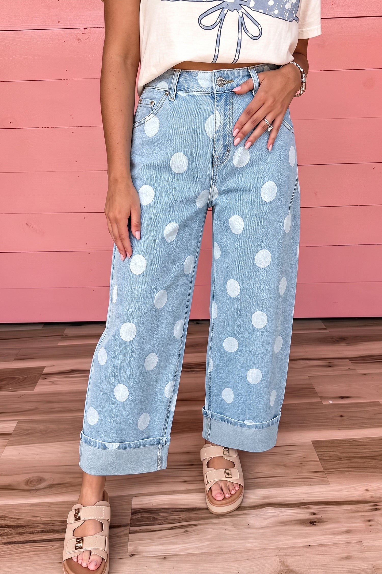 Vaqueros casuales de botones metálicos azul celeste con botones hasta el tobillo