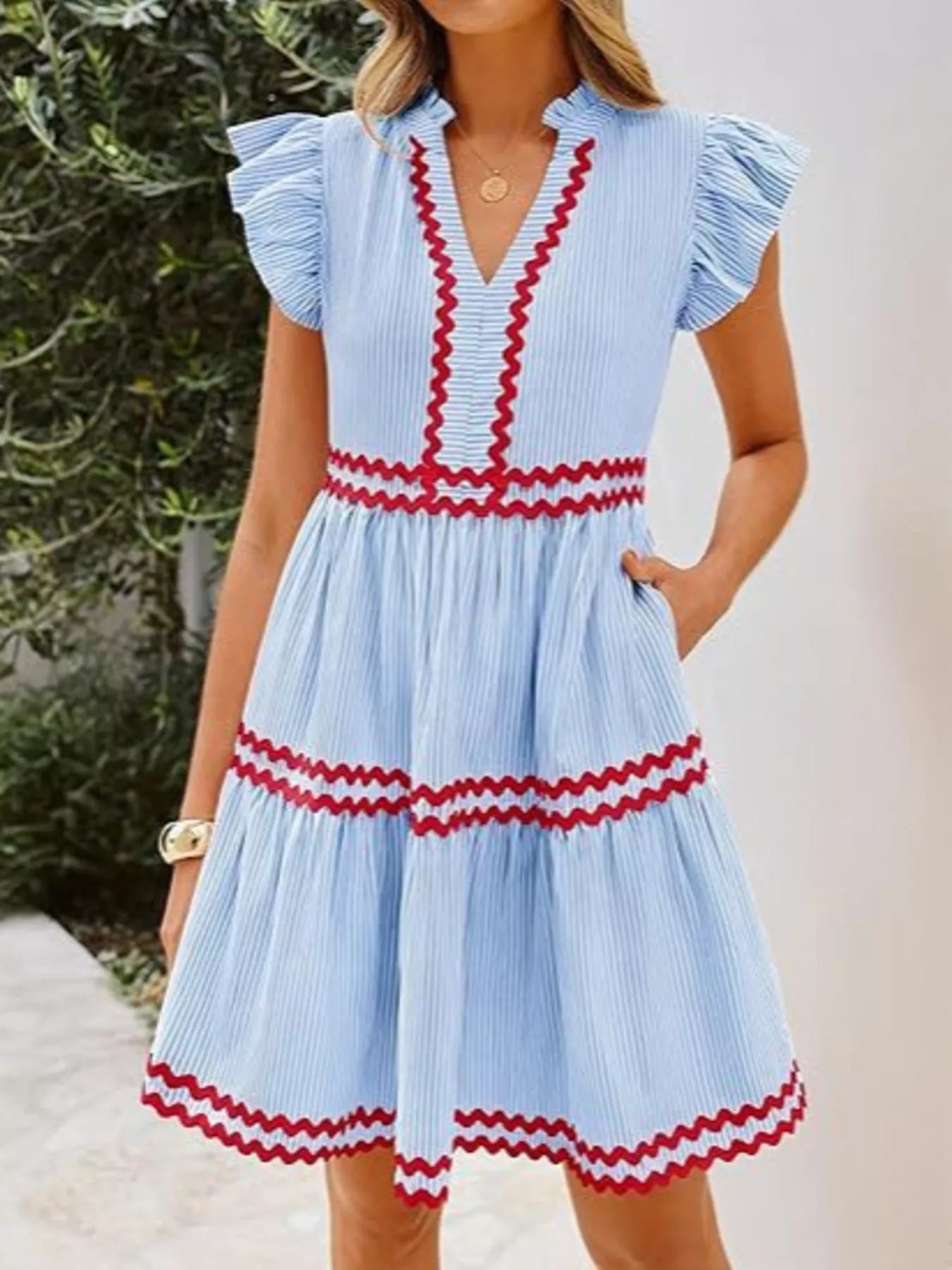 Striped Ruffle Sleeve Tiered Dress - Exklusive Damenmode & Kleidung Kollektion | Redblad Deutschland
