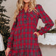 Chemise à carreaux rouge, col demi-bouton, ourlet à volants, mini-robe à manches longues