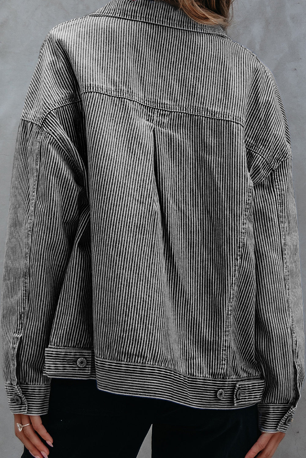 Blue Stripe Washed Oversize Pocketed Denim Jacket - Women's Fashion Image 2