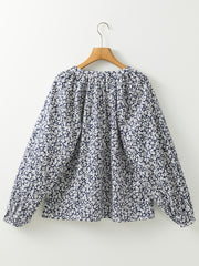 Blue Floral Print Notched V Neck Puff Sleeve Blouse - Damesmode Afbeelding 8 - Miniatuur