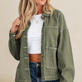 Smoke Green Patched Pocket Collared Button Front Boyfriend Denim Jacket - Foto 3