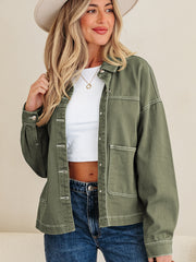 Smoke Green Patched Pocket Collared Button Front Boyfriend Denim Jacket - Miniatuur