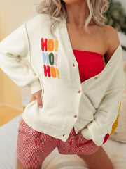 White Ho Ho Ho Slogan V Neck Button Front Embroidered Knit Cardigan - Miniatuur