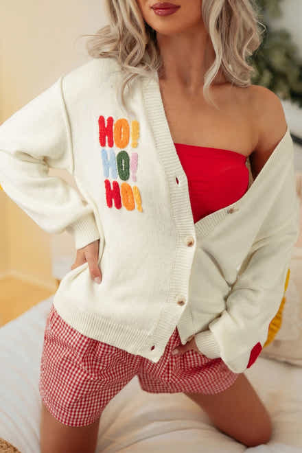 White Ho Ho Ho Slogan V-Ausschnitt Knopf Vorderseite bestickte Strickjacke
