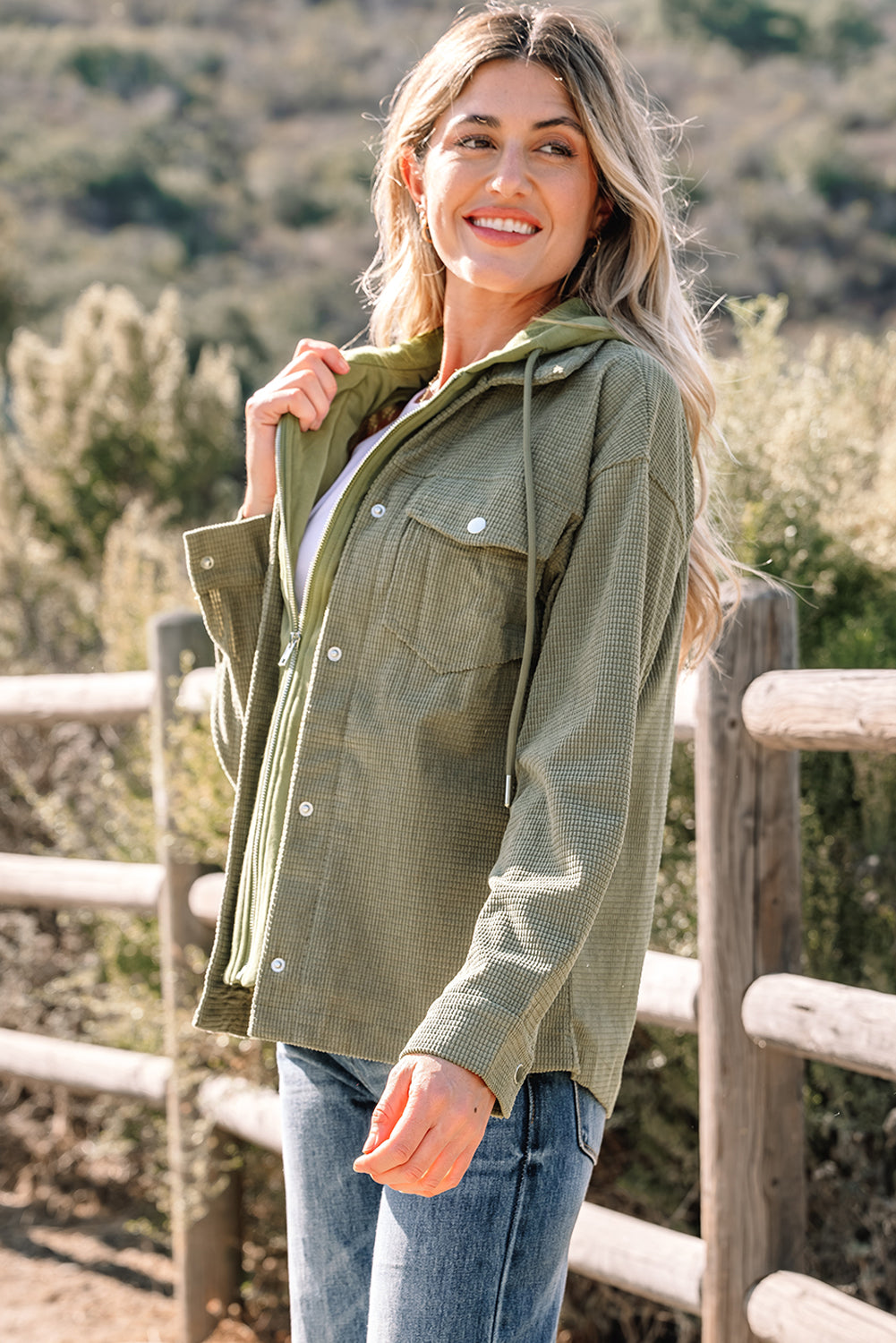 Veste à capuche 2 en 1 maille thermique texturée vert laurier