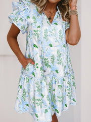Sky Blue Floral Contrast Edge Layered Short Sleeve Mini Dress - Miniatuur