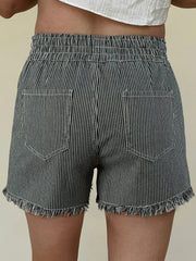 Black Stripe Raw Edge Drawstring Elastic Waist Casual Denim Shorts - Women's Fashion Image 2 - Miniatuur