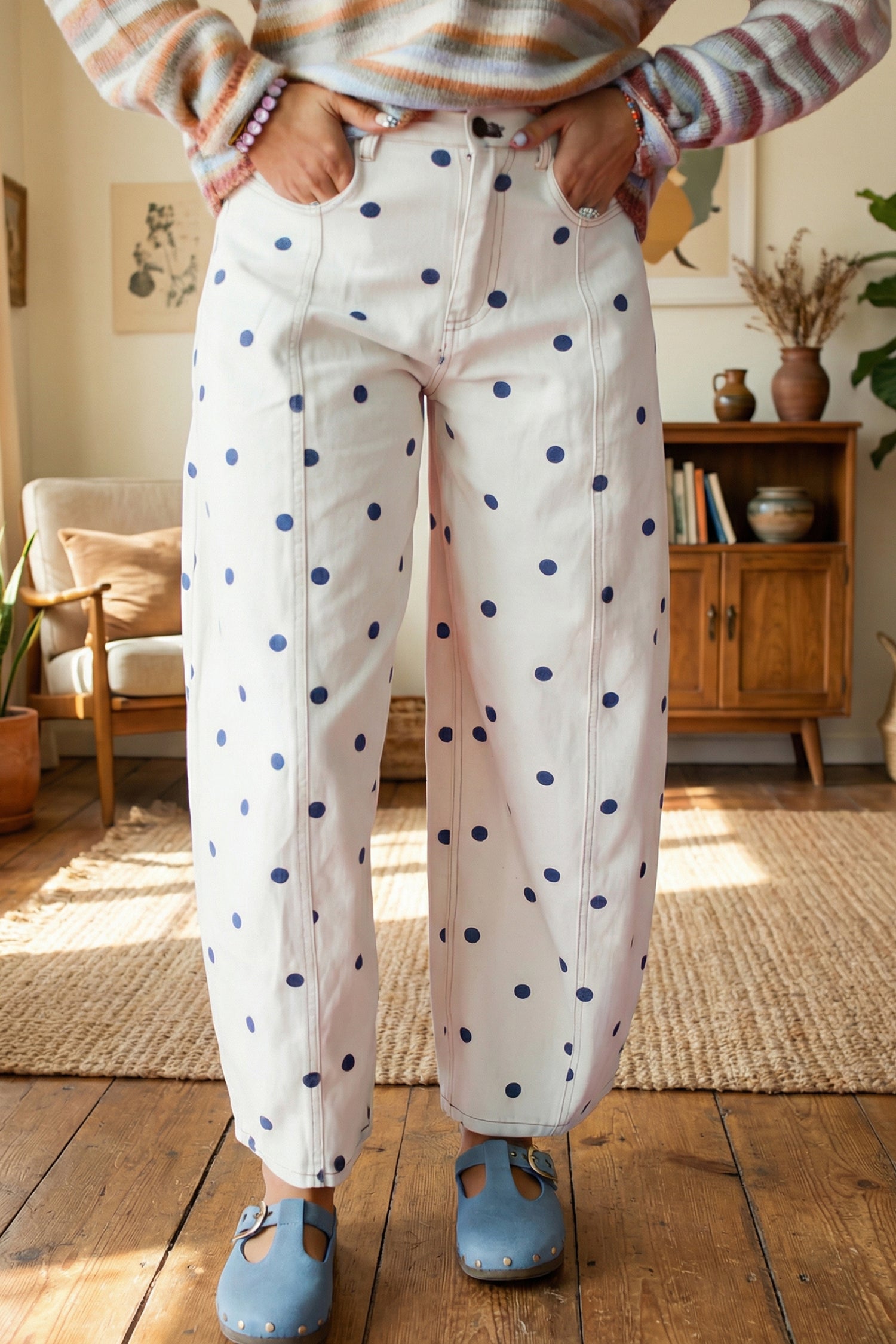 Blue Tailored Seam Polka Dot Print Barrel Casual Jeans - Damesmode Afbeelding 3