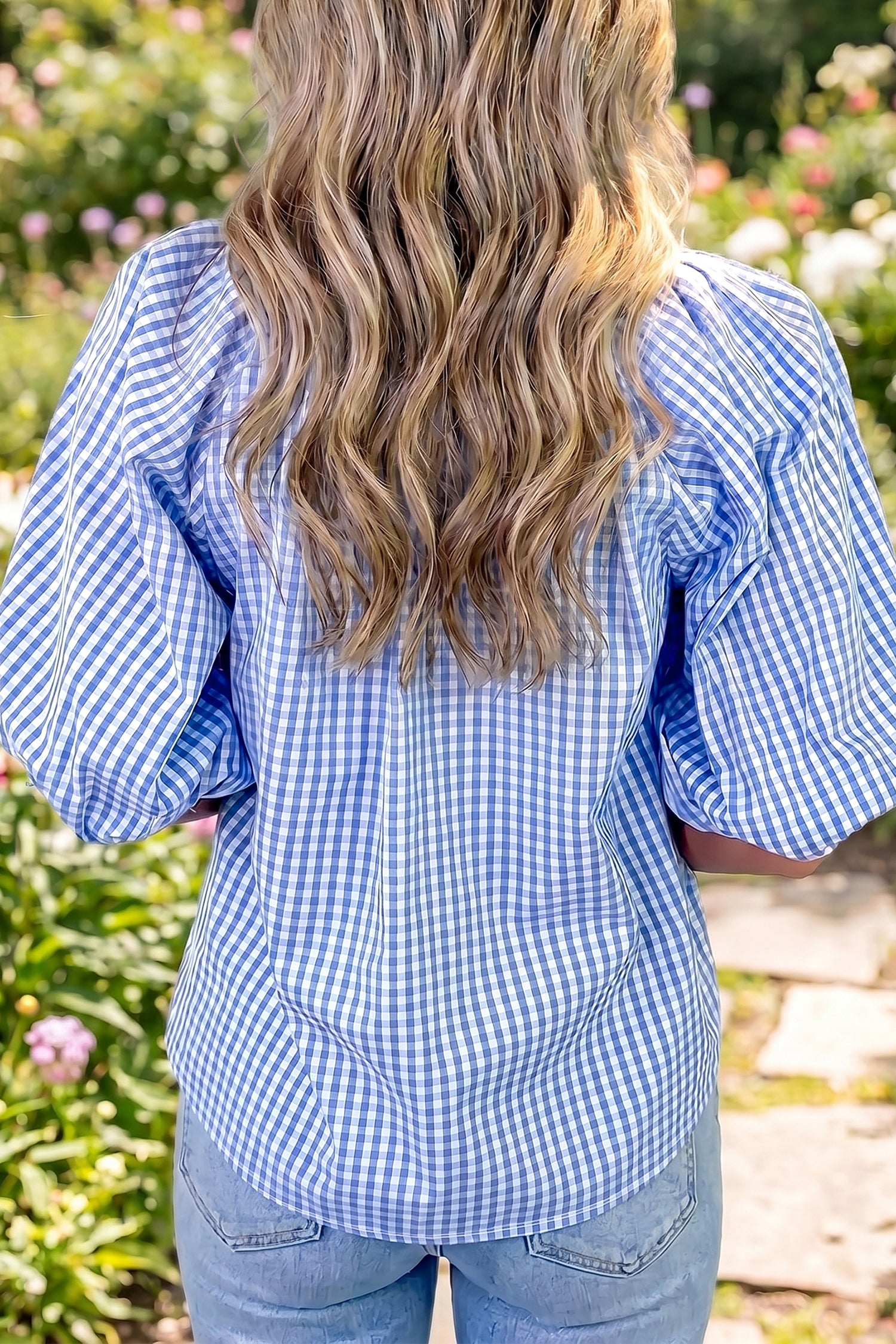 Bluse à manches bouffantes à manche en V bleu été bleu été