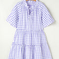 Lavendula Plaid Ruffle Breet Kuerzäerm Babydoll Mini-Kleed - Foto 5