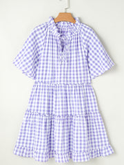 Lavendula Karo-Rüschen Weites Kurzarm-Babydoll-Minikleid - Miniatuur