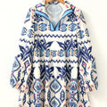 Blue Ethnic Print Striped Split Neck Long Sleeve Flowy Mini Dress - Damesmode Afbeelding 3 - Foto 3