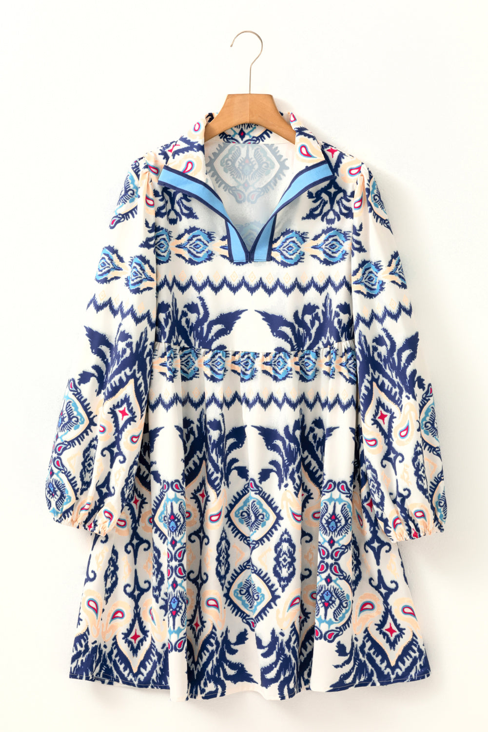 Blue Ethnic Print Striped Split Neck Long Sleeve Flowy Mini Dress - Damesmode Afbeelding 3
