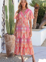 Multicolour Paisley Print V-Neck Short Sleeve Boho Maxi Dress with Ruffle Details - Miniatuur