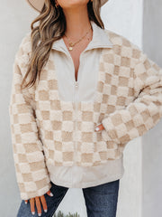 Khaki Checker Sherpa Corduroy Patchwork Lynlåsjakke med krave - Miniatuur