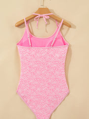 Costume da bagno a collo a halter rosa con texture di fiori cordati - Miniatuur