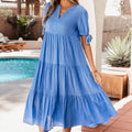 Gelbe Gingham-strukturierte Fliege mit kurzärmligem Stufen-Midi-Kleid - Foto 6