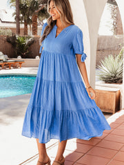 Yellow Gingham Textured Bow Tie Short Sleeve Tiered Midi Dress - Miniatuur