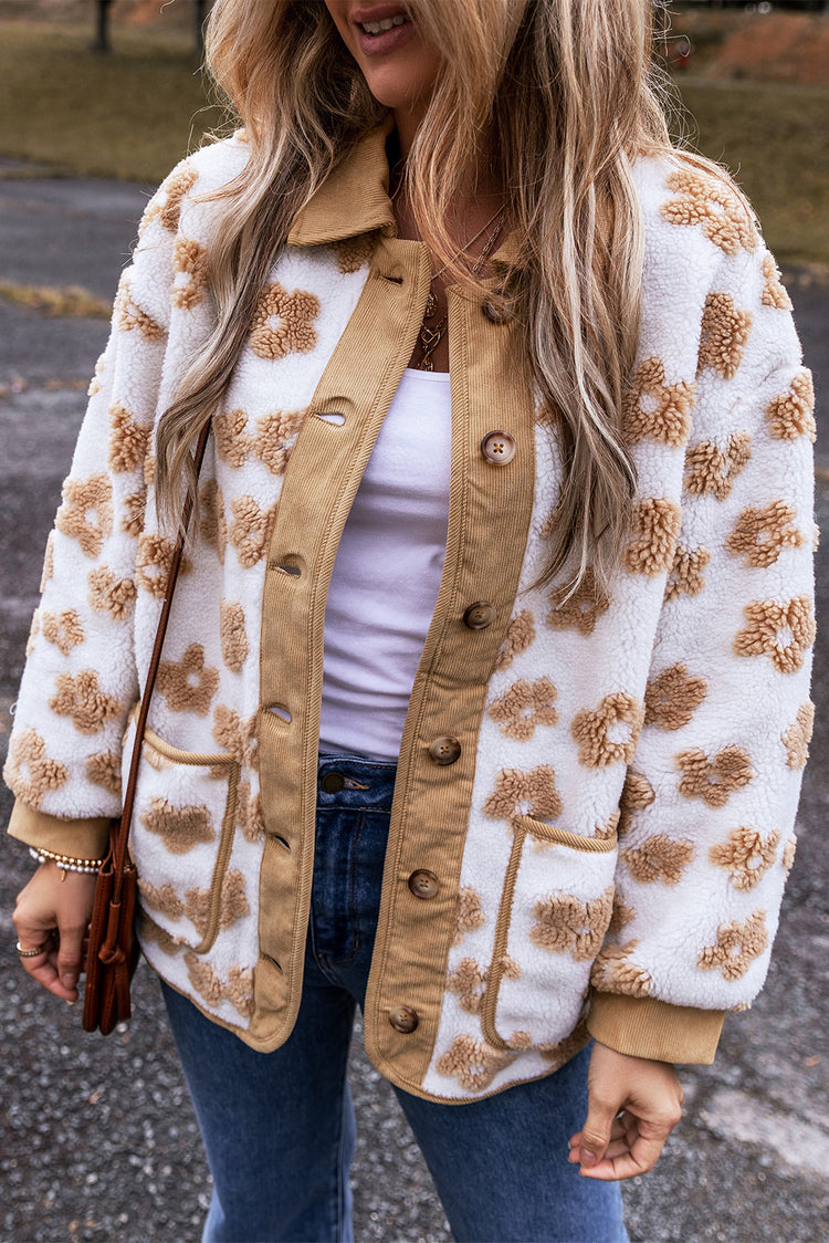 Liicht franséisch beige léif Blummenmuster Knäppchen-Fleece-Jackett - Damesmode