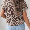 Khaki Leopard Print Short Sleeve Knit Loose Pullover Sweater - Foto 2