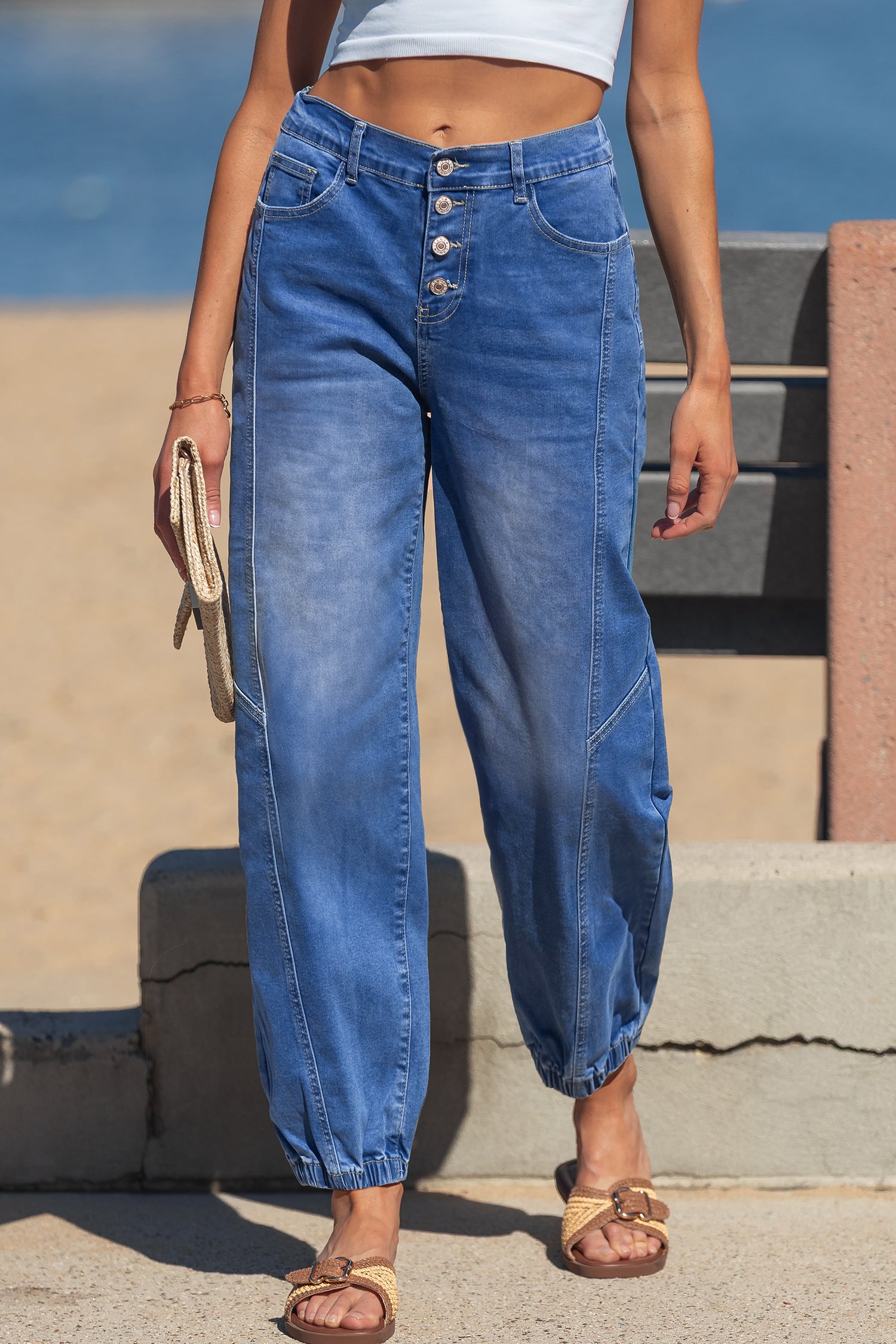 Blue 4 Buttons Front Tapered Casual Loose Fit Jeans - Damesmode Afbeelding 4