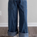 Blue Stripe Contrasted Drawstring Pocketed Loose Jeans - Damesmode Afbeelding 1 - Foto 1