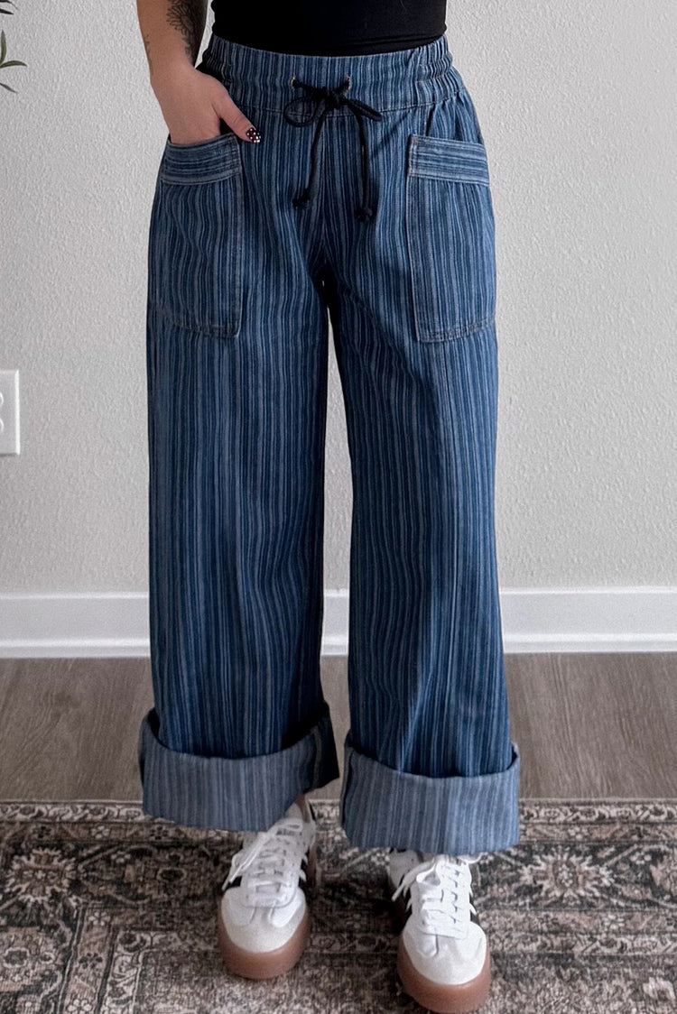 Blue Stripe Contrasted Drawstring Pocketed Loose Jeans - Damesmode Afbeelding 1 - Damesmode