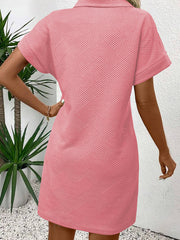 Peach Blossom Solid Color Textured Short Sleeve A Line Mini Dress - Miniatuur