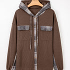 Brown Plaid Patchwork Button Down Drawstring Hooded Shacket - Damesmode Afbeelding 4 - Thumbnail