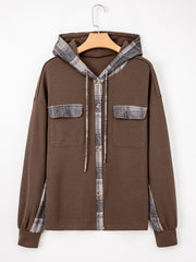 Brown Plaid Patchwork Button Down Drawstring Hooded Shacket - Damesmode Afbeelding 4 - Miniatuur