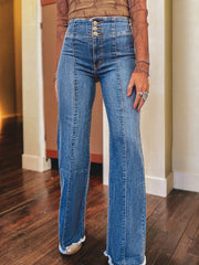 Kaffee-High-Waist-Button-Jeans mit Griff und Naht mit Rohsaum-Flare-Decke - Miniatuur