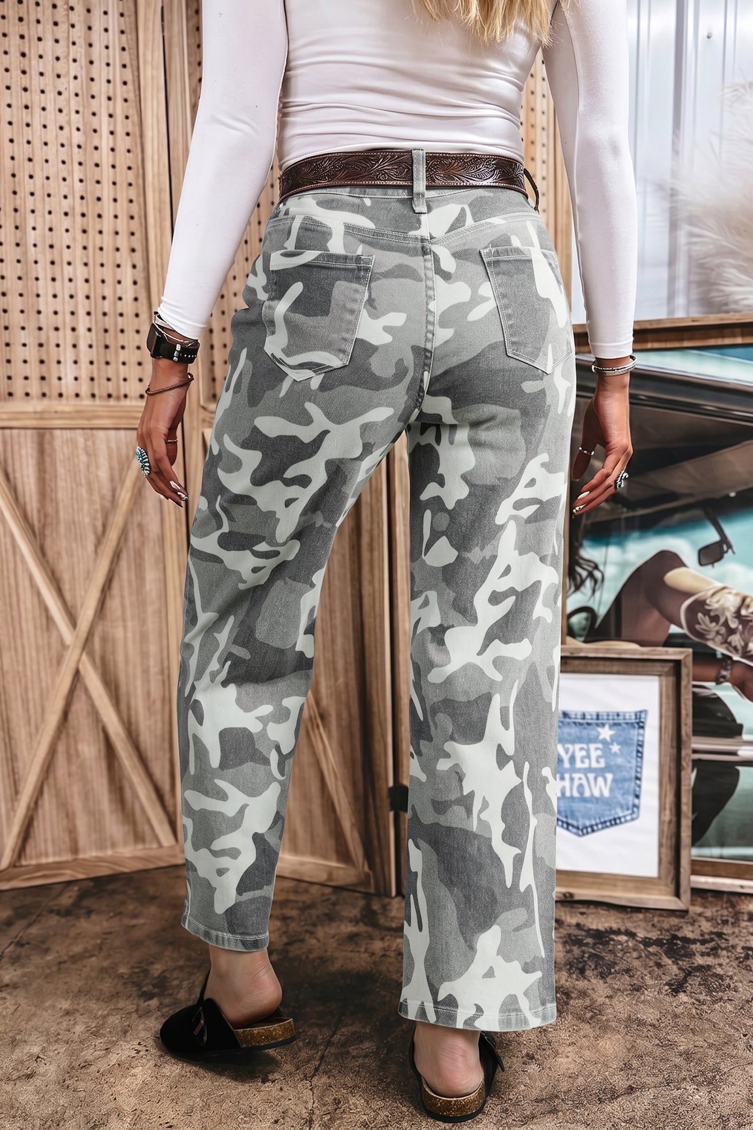 Grøn camouflagemønster bomulds denim skiftjeans