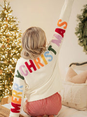 White Ho Ho Ho Slogan V Neck Button Front Embroidered Knit Cardigan - Miniatuur