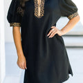 Black Leopard Patchwork Zip Collared Short Puff Sleeve Shift Mini Dress - Damesmode Afbeelding 1 - Foto 1