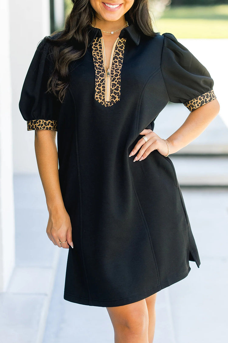 Black Leopard Patchwork Zip Collared Short Puff Sleeve Shift Mini Dress - Damesmode Afbeelding 1 - Damesmode